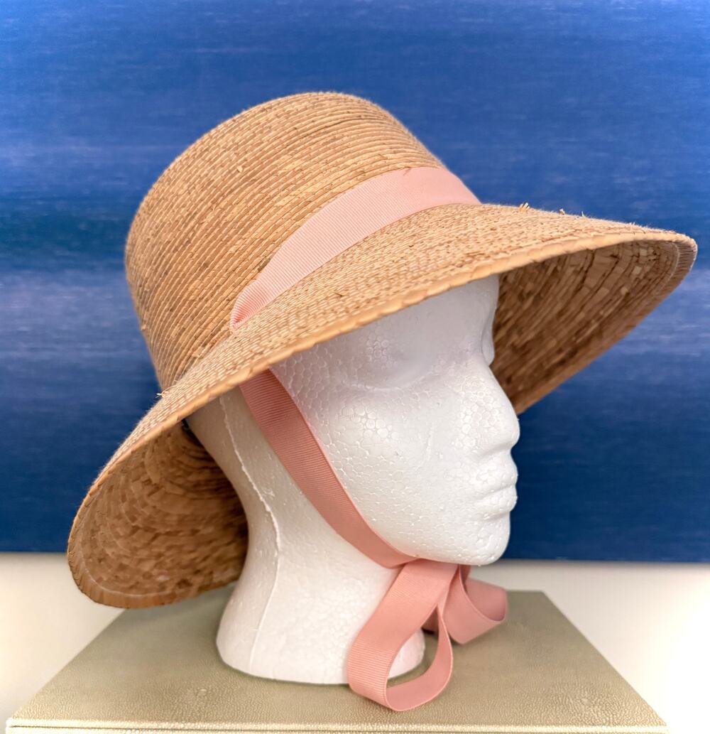 Sarah Bray Bermuda Wildflower Palm Leaf Sun Hat Pink Grosgrain Ribbon Tie EUC